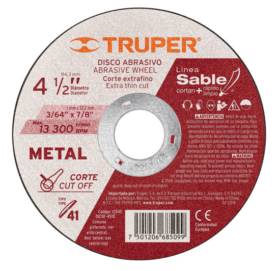 Imagen de DISCO TIPO 1 PARA CORTE FINO DE METAL LINEA SABLE 4-1/2 1.